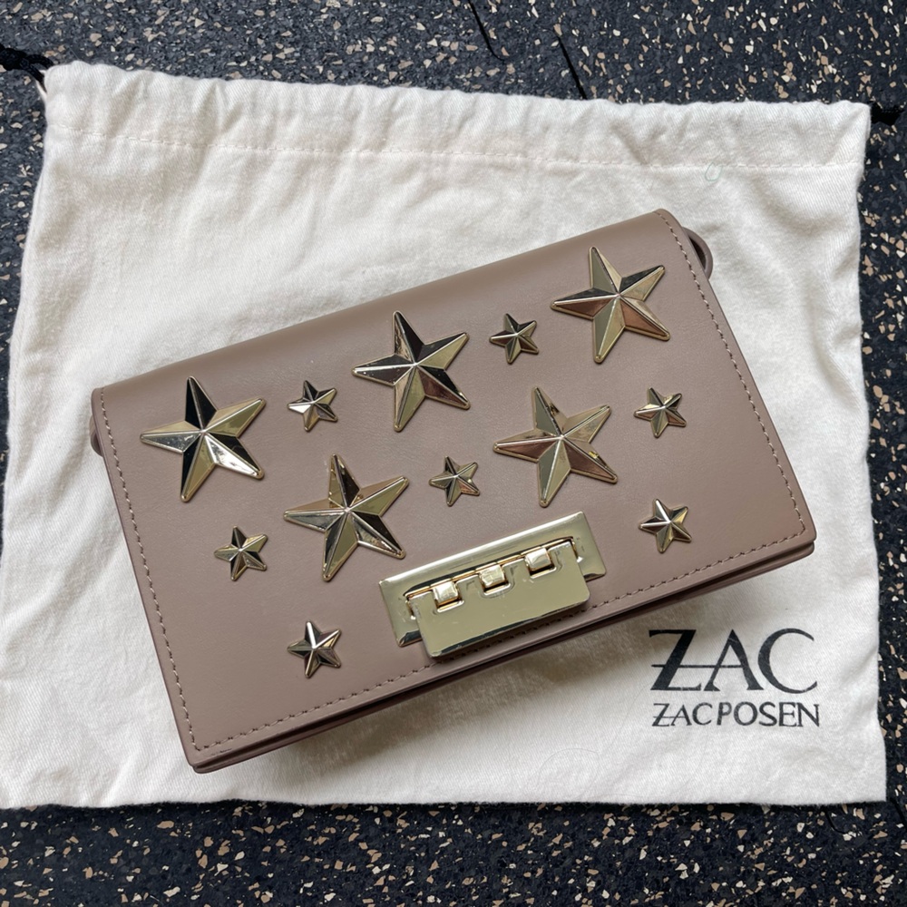 Zac Posen Earthette Nude Beige Taupe Leather Gold Star Crossbody Purse